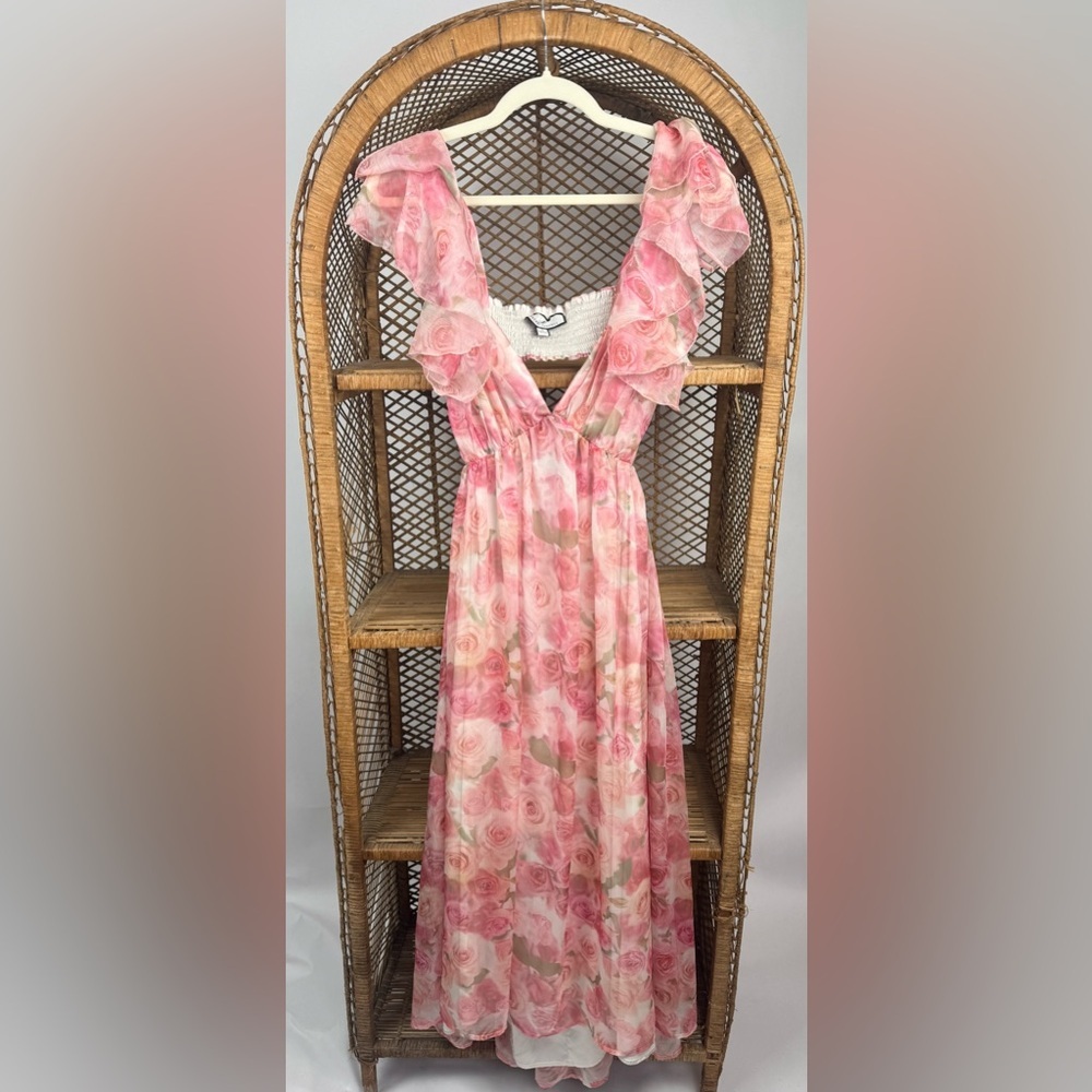 Rachel Parcell Pink Chiffon Ruffle Midi Dress Size 10 Floral - Picture 5 of 8